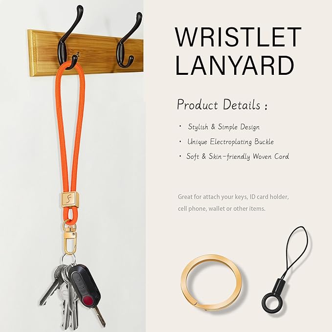 Fishent Keychain Wristlet lanyard, Cute Key Chain Holder, Upgraded Woven Wrist Lanyard for Keys, Wristlet Strap Keychain for Women Men Car Keys ID Badges Card Wallet Phone (Orange)
