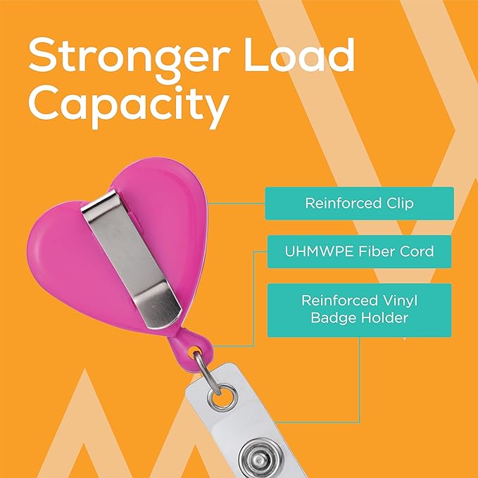 Will Well Badge Holders with Belt Clips for Securing onto Pockets and Purse Straps, with Retractable 27.5" UHMWPE Fiber Pull Cords, Strong Build with Fun Designs - 2-Pack, Heart Shape