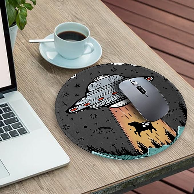 Gctriki Small Round Mouse Pad for Desk, Stitched Edge Non-Slip Rubber Base, Funny UFO Cow Mousepad for Laptop Computer Gaming, Cute Home Office Decor Desk Accessories Supplies, 8.6 x 8.6 Inch