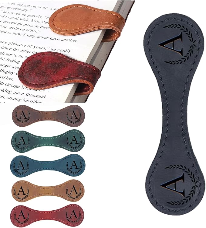 Personalized Magnetic Leather Bookmark, 26 Letters Custom Leather Bookmarks, Handmade, Leather Magnetic Bookmark for Book Lovers Readers Women Kid(Black，A）