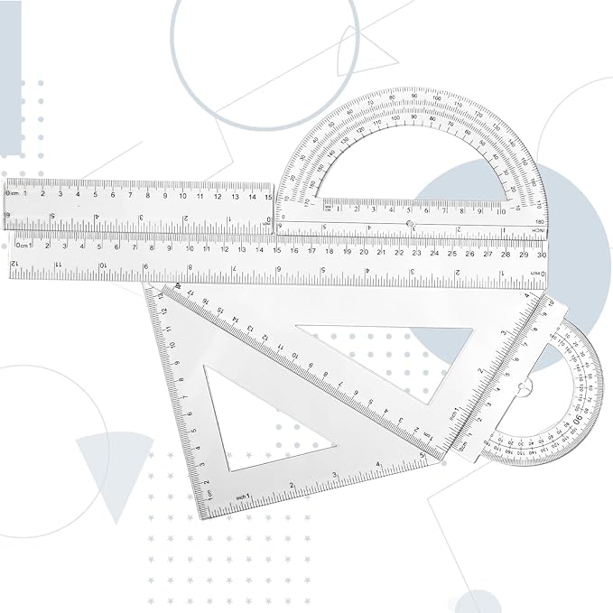 Tenare 6 Pcs Plastic Ruler Math Set Includes 12 Inch 6 Inch Straight Ruler Protractor Triangle Rulers Geometry Transparent Math Ruler Measuring Tools for School Office Home(Clear)