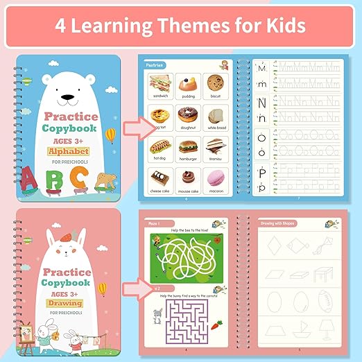 Reusable Grooved Handwriting Practice Workbook,Magic Practice Copybook,Reusable Writing Practice Book, for Preschool Kids Age 3-8 Calligraphy (Pink Bag, 10.3inx7.3in)