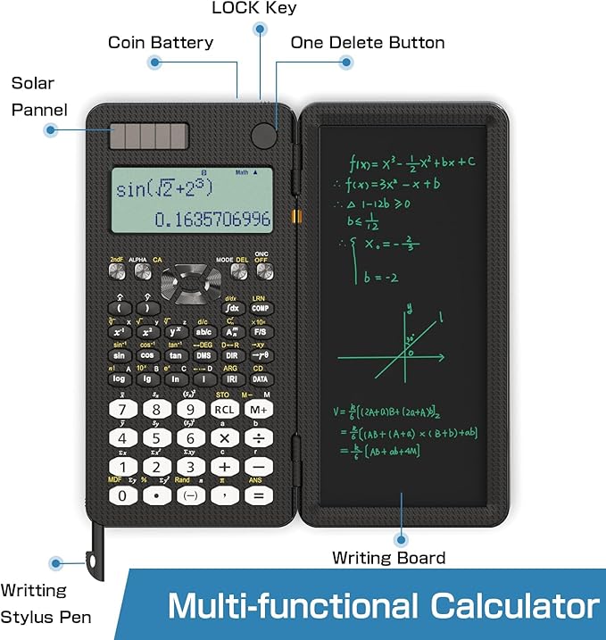 Scientific Calculator for School with Notepad, ROATEE Middle and High School Supplies for Students, 82 MS Foldable 2-Line Display Science Calculator with Writing Tablet, Solar and Battery Powered