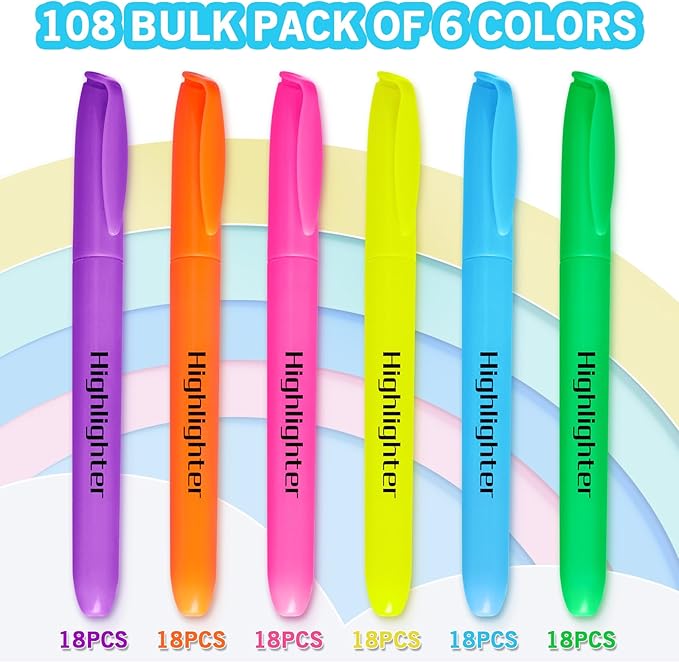 Highlighters, Chisel Tip Dry-Quickly Highlighter Markers, 108 Count-6 Assorted Colors Highlighters Bulk Pack for Adult Kids, Office Classroom Must Have, School Supplies for Teachers