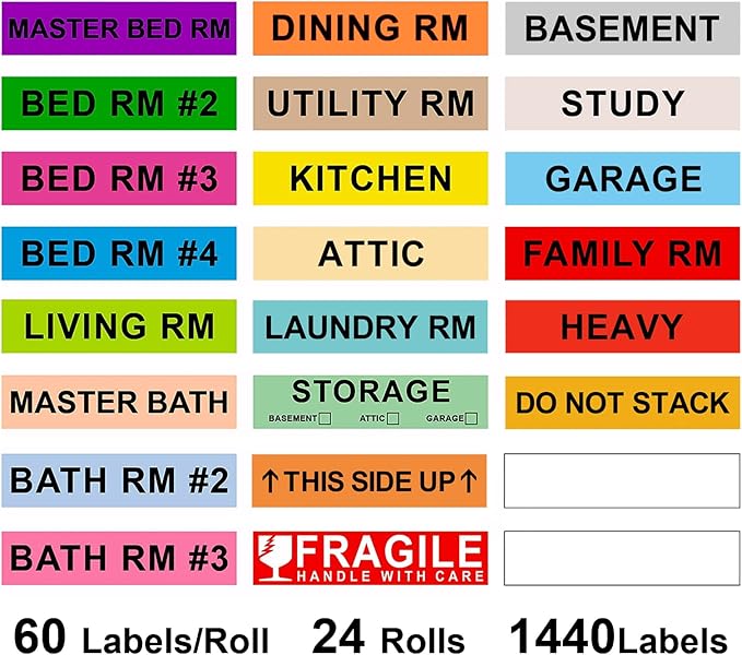 1440 Count Home Moving Labels,24 Rolls Different Color Coding Moving Labels for Boxes Stickers + Fragile Moving Stickers + 2 Blank Label roll is for Customized use-Moving-Labels