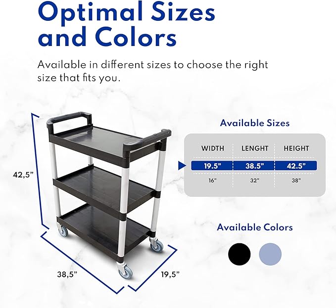 New Star Foodservice 54569 350-Pound Plastic 3-Tier Utility Bus Cart with Locking Casters, 42.5 "x19.5" x 38.5", Gray