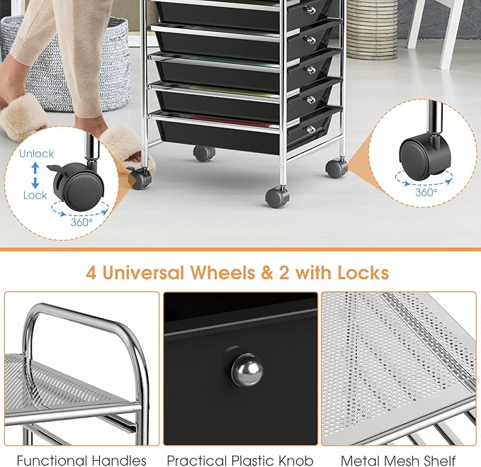 Storage Cart, Rolling Utility Cart with 10 Drawers, Portable Handles & Lockable Wheels, Mobile Paper Toys Storage Organizer Large Capacity for Home Office School Teacher (Black)