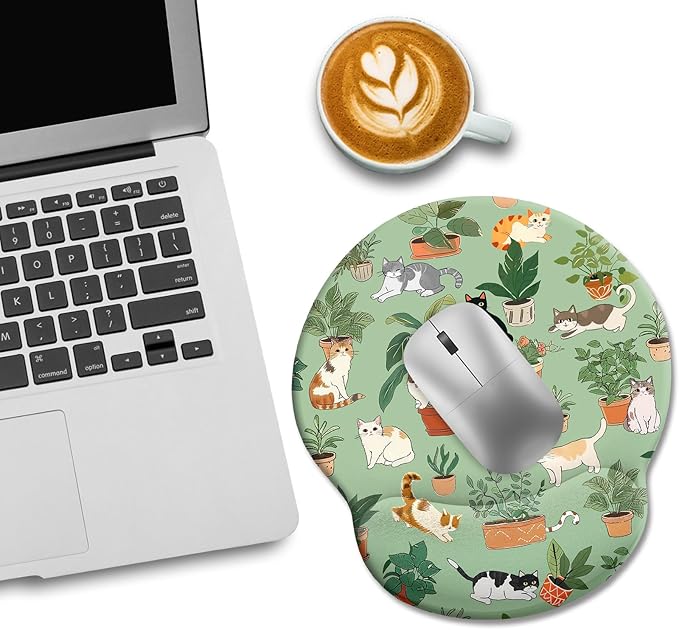 Cat Ergonomic Mouse Pad with Wrist Rest, Green Computer Mouse Pad Wrist Support with Non-Slip Pain Relief PU Base, Funny Mouse Pads for Desk Work, Cute Cat Office Desk Decor Accessories