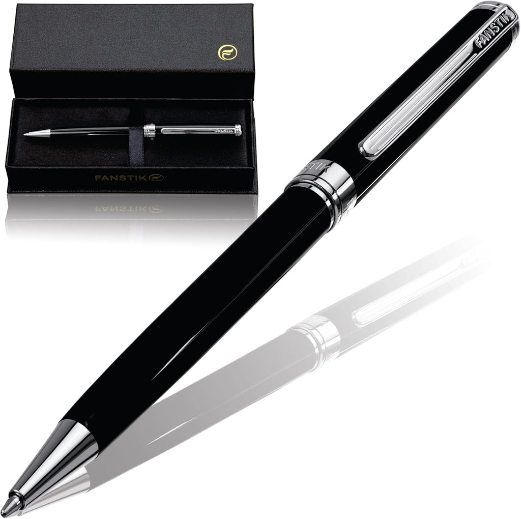 Customized Black & Silver Luxury ballpoint pen (Made In USA) fancy gift set for women, Real 24K Gold Plating, Professional executive pen gift set for men (Lux Custom-BallPoint Black-Silver)
