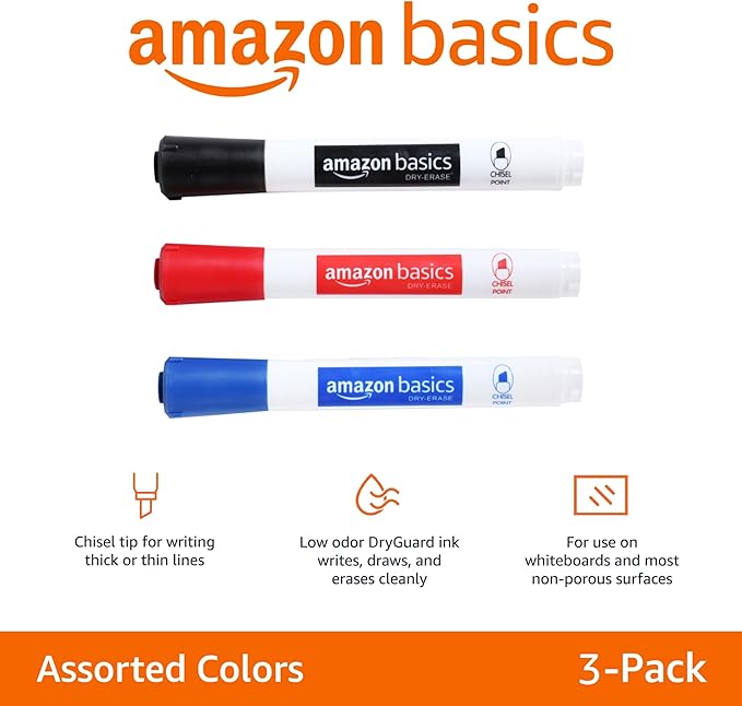Amazon Basics Dry Erase Markers For Whiteboards, Chisel Tip, Low-Odor, Black, Red, Blue, Pack of 3