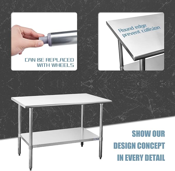HALLY Stainless Steel Table for Prep & Work 30 x 48 Inches, NSF Commercial Heavy Duty Table with Undershelf and Galvanized Legs for Restaurant, Home and Hotel