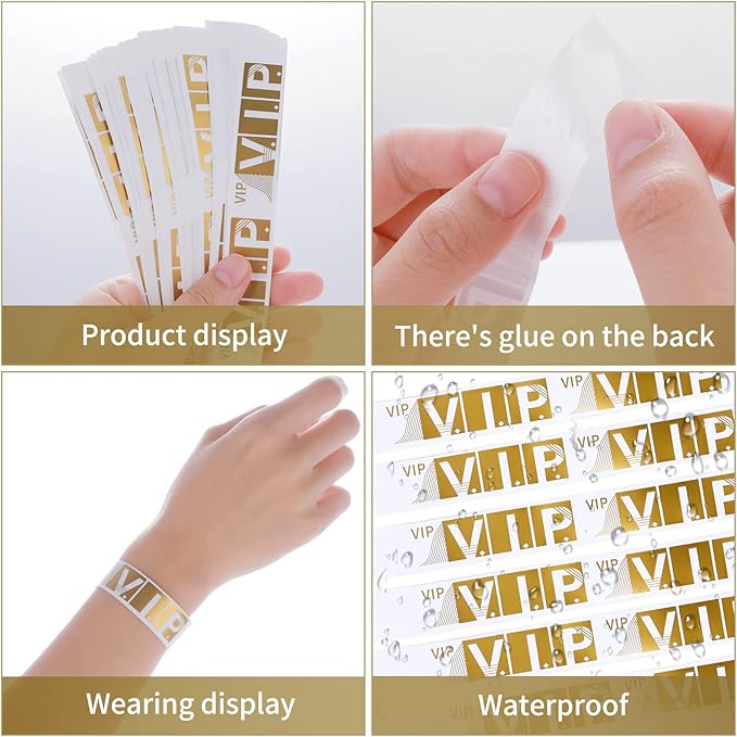 100 Pcs VIP Wristbands for Events Waterproof Paper Bracelets Lightweight Event Wristbands for Party Concert Club Amusement Park Festivals (Gold)