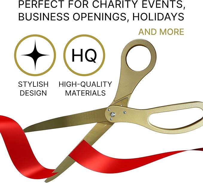 New Edition Grand Opening Kit – 25'' Scissors Gold with Golden Blades for Ribbon Cutting Ceremony with Red Ribbon Heavy Duty Golden Scissors