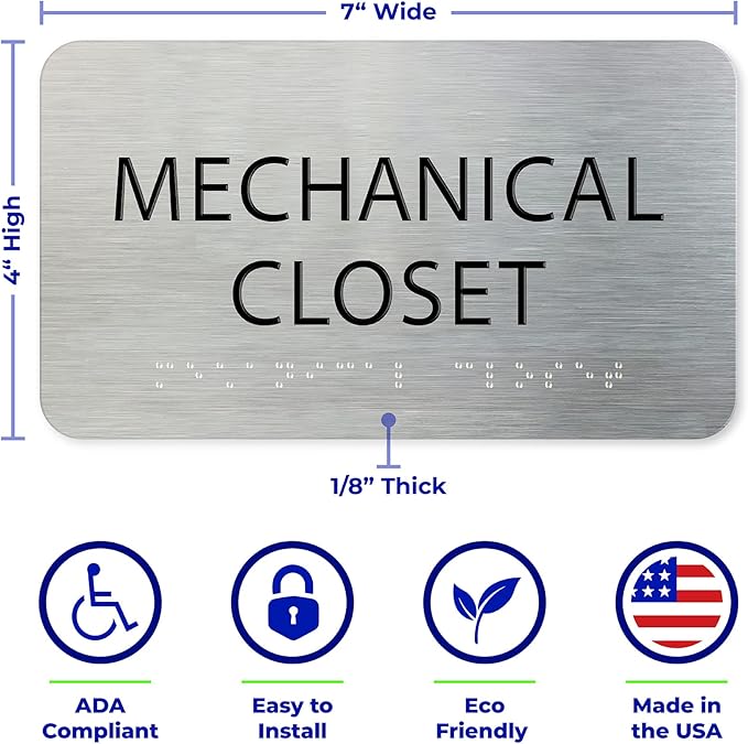 Mechanical Closet Sign for Business - Office Signs, Aluminum Brushed Silver, Tamper-Proof, Heavy Duty Mounting Tape, Easy Install, Office Décor, ADA Compliant, Grade 2 Braille (7” W x 4” H) ADASigns.org