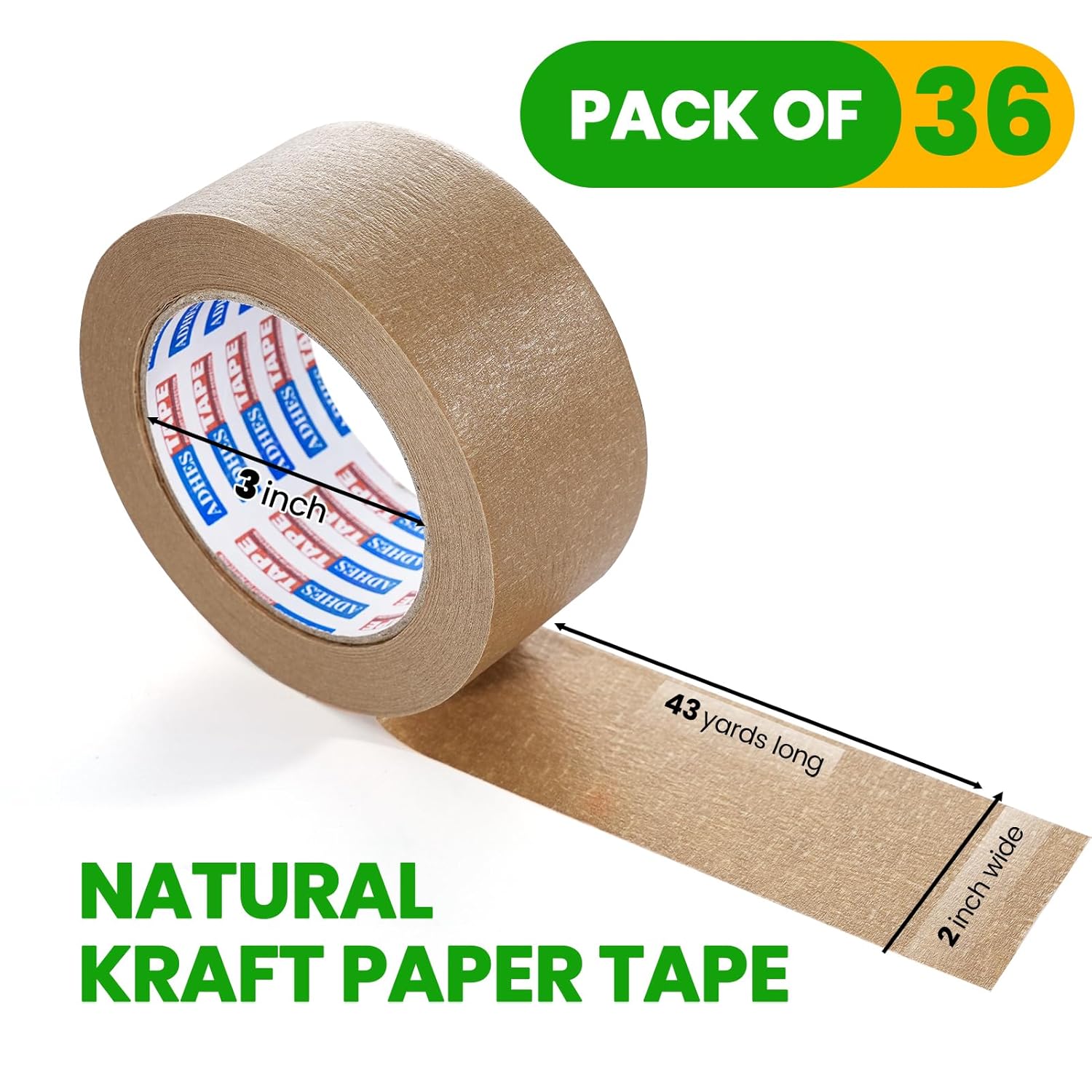 ADHES Heavy Duty Kraft Paper Tape Eco Friendly Packing Tape Writable Non-Coated Surface for Masking, Sealing, and Packaging Use,2” x 43 Yards,36Rolls