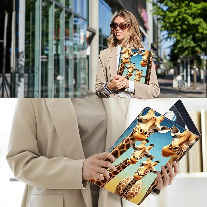 PU Leather Padfolio Folder Clipboard Portfolios Organizer Conference Document Organizer with Business Card Holder Storage Clipboard Writing Pad,Giraffe