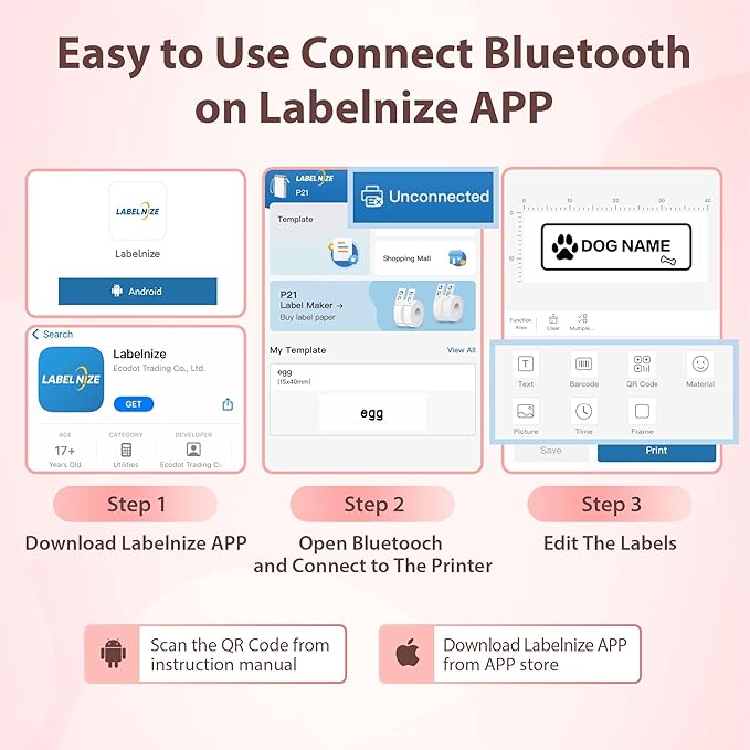 P21 Label Maker Machine with Tape, Label Printer Thermal Mini Label Makers with Built-in Cutter and Multiple Templates, Portable Printers for School, Office and Home Use (Pink), 1Pack