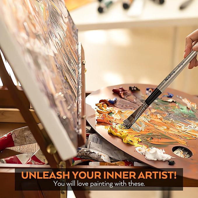 Nicpro 10 PCS Angular Paint Brush Set, Soft Anti-Shedding Nylon Hair Long Handle Angled Paint Brushes, Suitable for Artists and Beginners for Watercolor, Acrylics, Ink, Gouache, Oil, Tempera