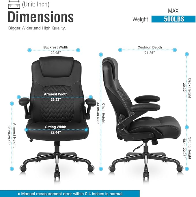 Flysky Executive Ergonomic Office Chair - Big and Tall Office Chair for Heavy People, PU Leather Computer Desk Chair with Flip-up Armrest, Comfortable Wide High Back PC Work Chair