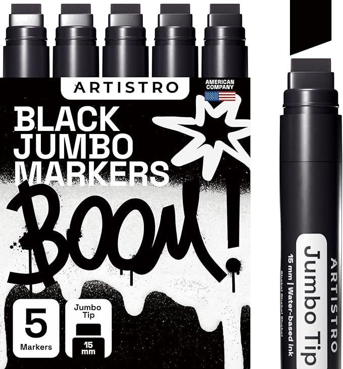ARTISTRO 5 Black Acrylic Paint Pens, Acrylic Paint Markers Jumbo Tip, Fabric Markers for Textile, Canvas, Rock, Glass, Wood, Paper, DYI, Pens for Kids and Adults