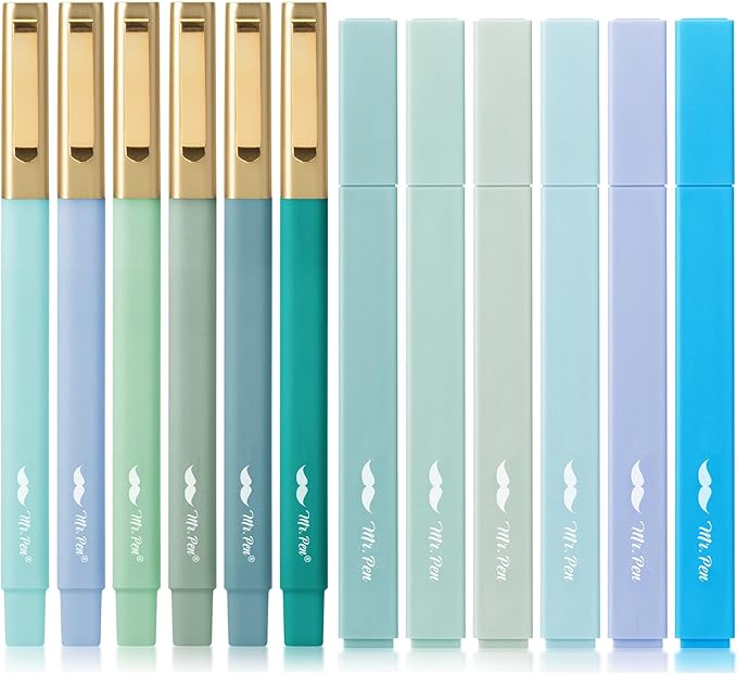 Mr. Pen- Aesthetic Highlighters and Pens No Bleed, 12 Pack, Forest Green Color Bible Highlighters No Bleed, Black Ink Bible Pens, Highlighter Pens, No Bleed Highlighters for Bibles, Bible Pens