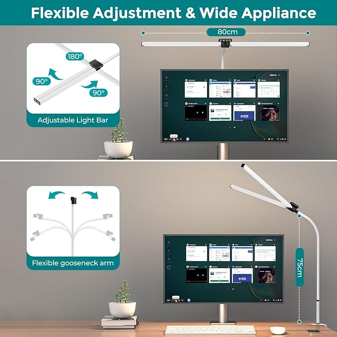Led Desk Lamp for Office Home, Eye Caring Architect Desk Light with Clamp, Double Head 24W Ultra Bright Table Lamp with Remote Control, 5 Color Modes Flexible Gooseneck Lamp for Reading Study White