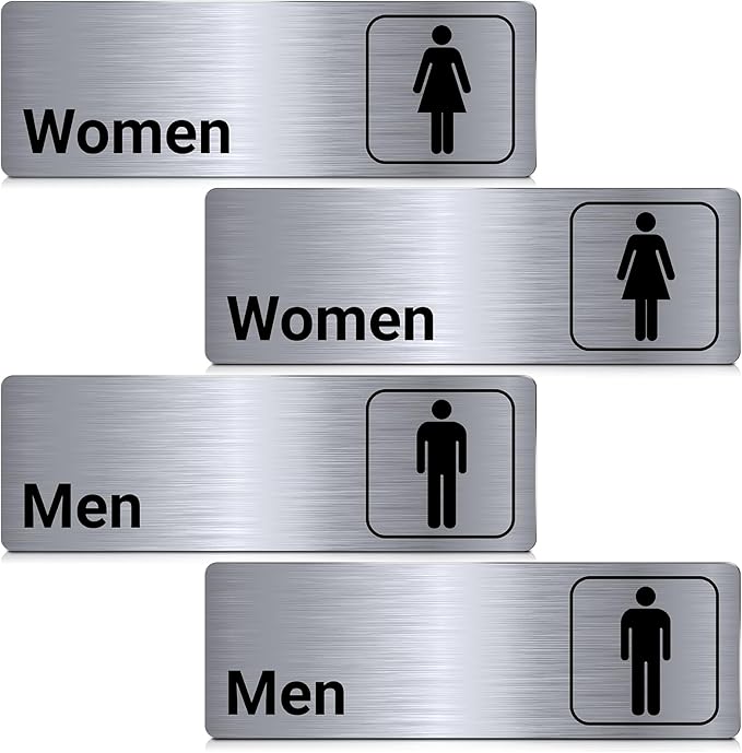 Brushed Aluminum Restroom Signs, Men and Women Modern Restroom Sign, 9 x 3 Inch Bathroom Door Signage Decor for Offices Business Restaurants (4 Pcs)