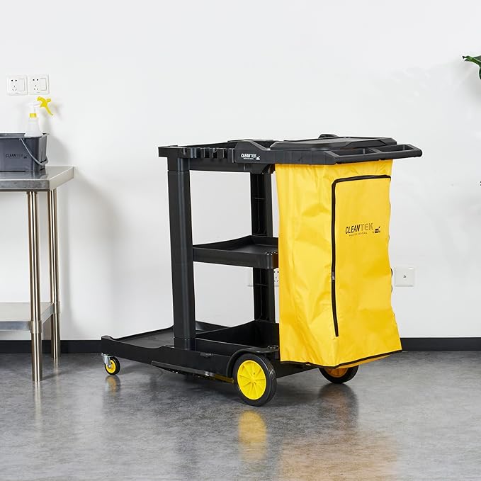 Restaurantware-Clean Tek Professional Janitor Cart with Wheels, 1 Cleaning Trolley with Cover and 21 Gallon Bag - 3 Shelves, Heavy-Duty, Gray Plastic Commercial Janitorial Cart, for Restaurants