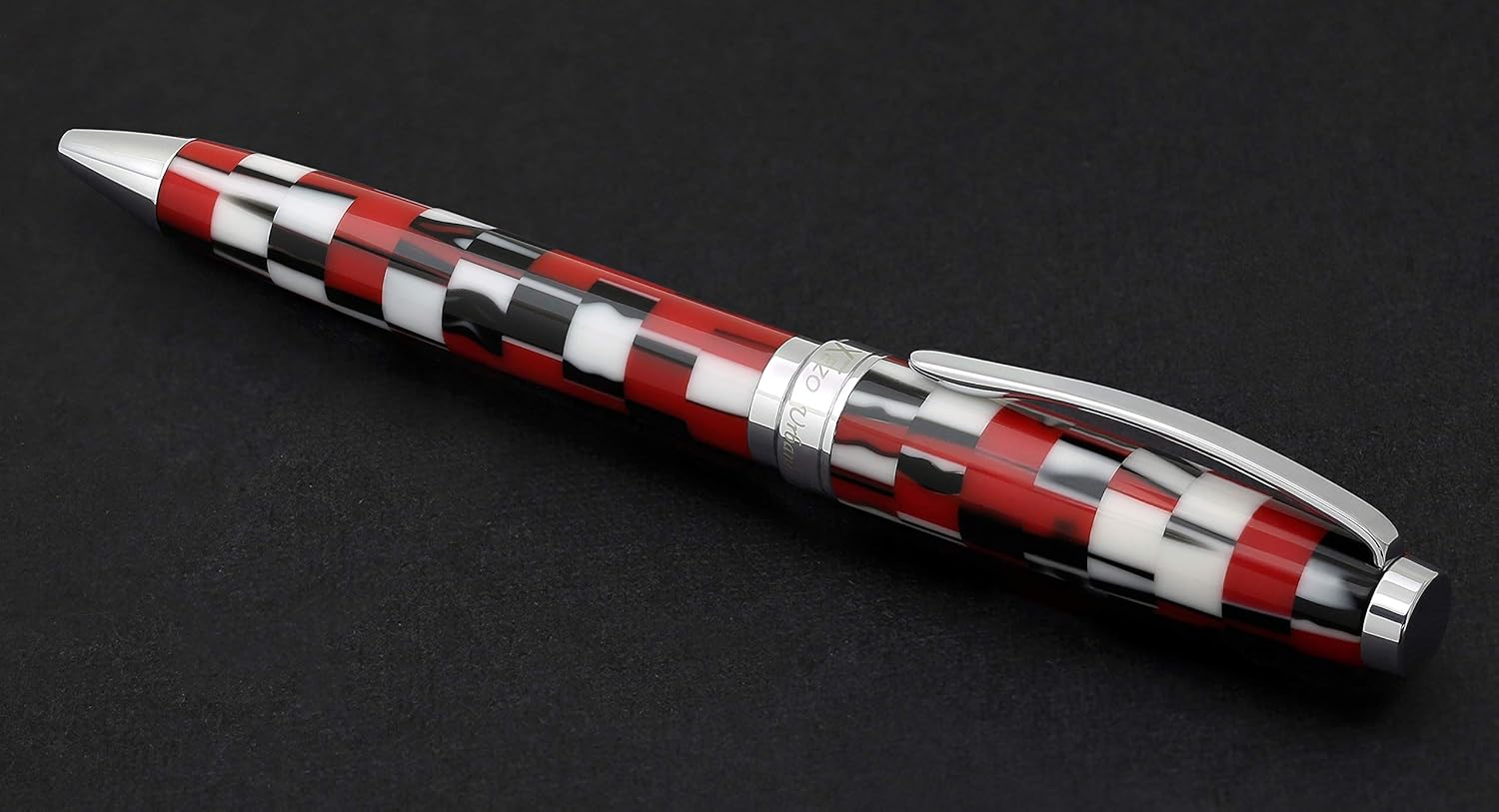 Xezo Urbanite II Ballpoint Pen, Medium Point. Sporty Red, Black, and White Checkered Acrylic on Brass. Chrome Plated. Handcrafted, Limited Edition, Serialized