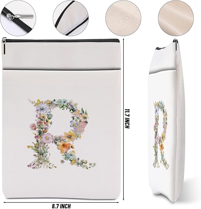 Monogrammed Book Sleeve Floral R Initial Book Pouch Book Accessories Book Lovers Gifts Waterproof Book Cover Book Protector Bookish Gifts Personalized Gifts for Women Girls Readers Bride Coworker