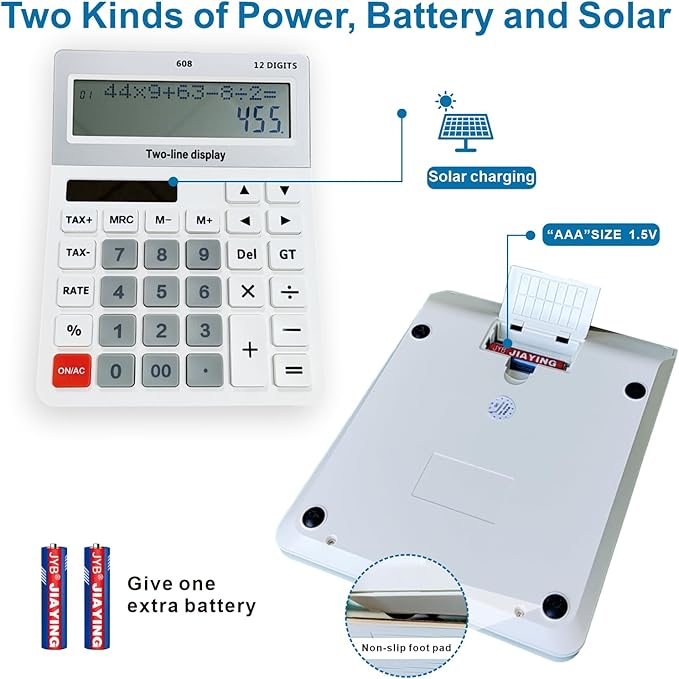 Battery and Solar Unique 120-Step Calculation Check Memory 12 Digit 2 Line and 5.5" LCD Display, Configurable Tax Rate Financial Calculator for Tax Calculations(Only 1 AAA Battery is Needed)
