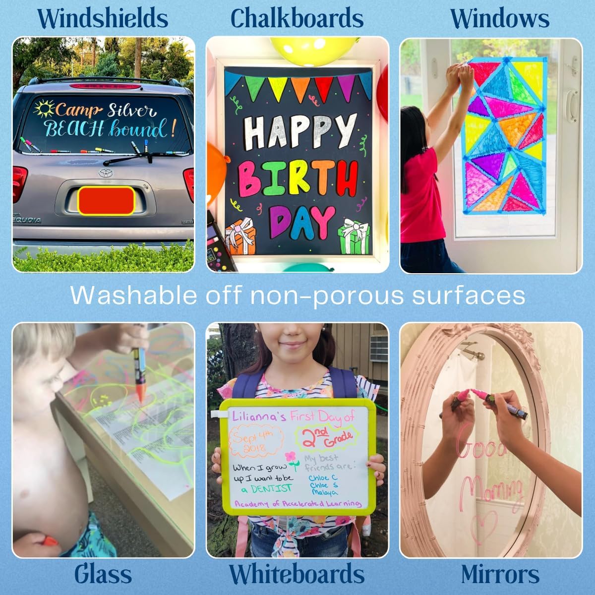Liquid chalk markers erasable. 6 neon dry & wet erase marker pens for windows, mirrors, whiteboards, chalkboards, glass boards, auto windshields. Reversible thick and thin tip. Washable