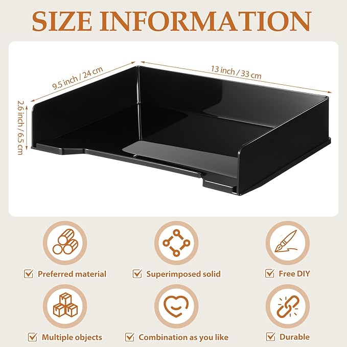 8 Pcs Stackable Letter Tray Rectangular Plastic Desk Organizer 13 x 9.5 x 2.6 in Paper Holder File Tray Accessories Rack for Desktop Office Desk Drawers (Black)