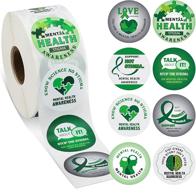1000 Pieces Mental Health Awareness Stickers Small Green Ribbon Awareness Stickers Mental Health Gifts for Adult Women Men Teens Kids Fundraiser Event Mental Health Handout Supplies, 8 Styles