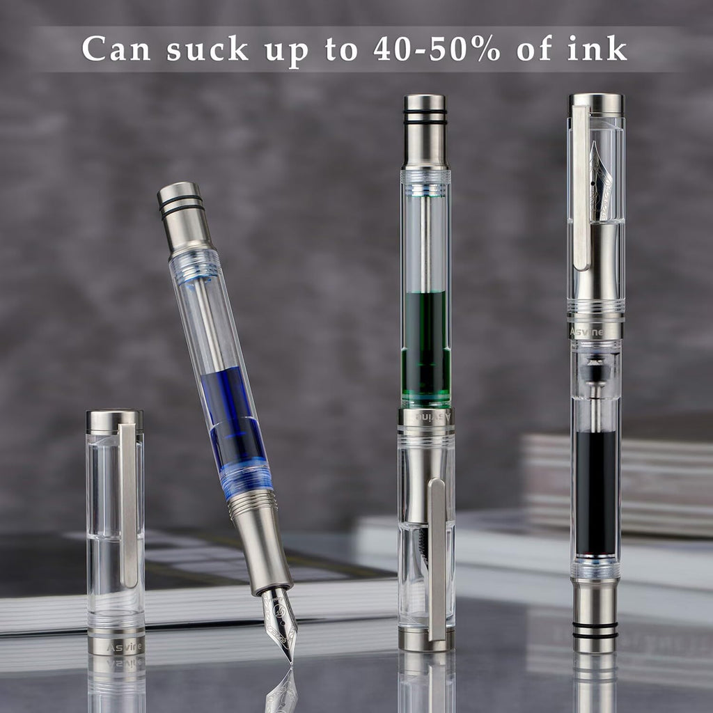 Asvine V200 Titanium Fountain Pen Vacuum Filling, Germany Bock Fine Point Clear Transparent Acrylic Smooth Writing Pen Case