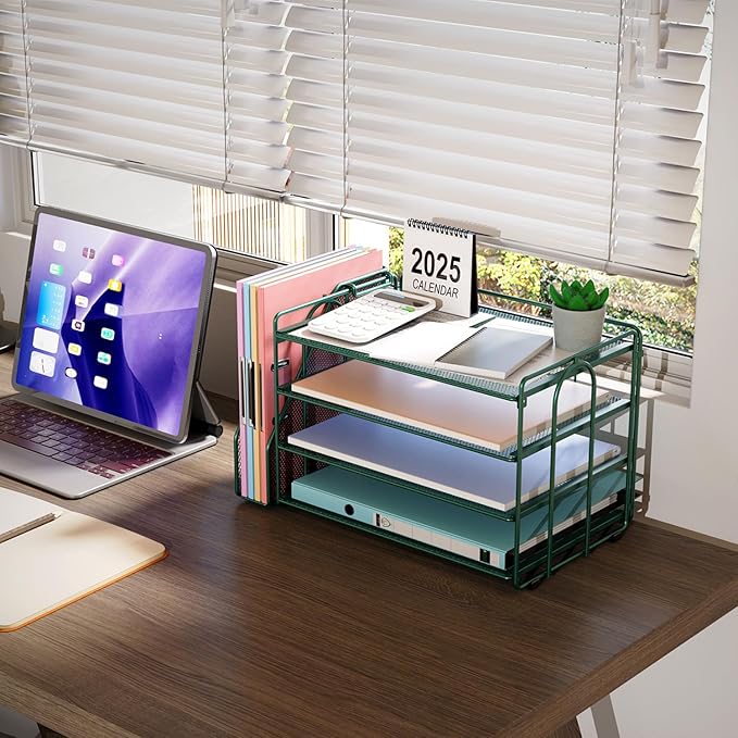 gianotter 2025 New Large Capacity Desk Organizer with Detachable Magazine Holder, 4-Tier Paper Organizer Letter Tray, Desk Accessories for A4 Paper and Document Storage(Green)