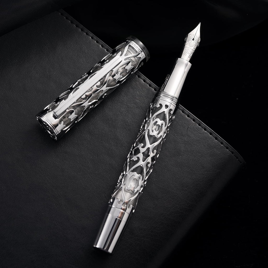 Hongdian D1 Piston Fountain Pen Extra Fine Nib, Hollow Skeleton & Resin Pen with Metal Case Set (Silver)