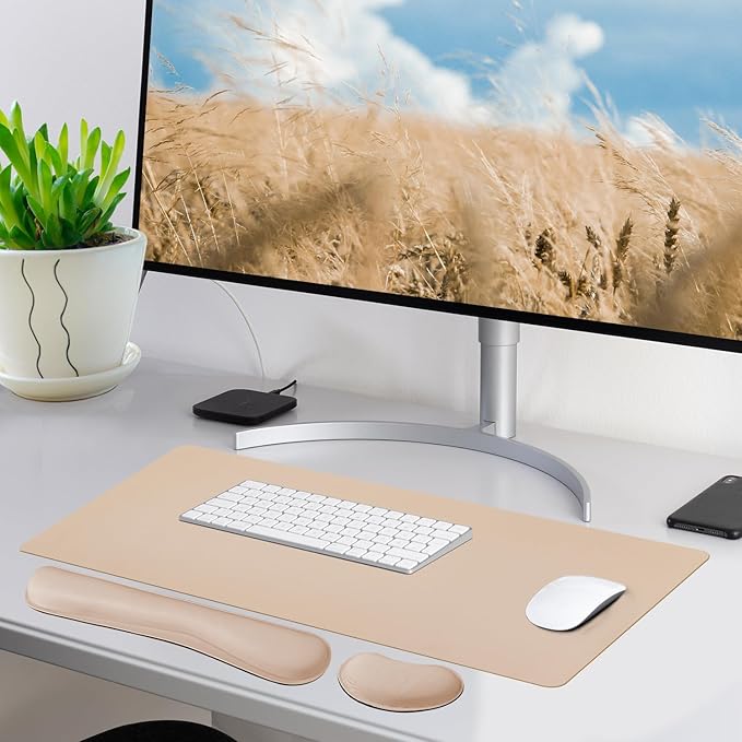 Bloss Leather Desk Pad and Keyboard Wrist Rest, Large Mouse Pad + Keyboard Pad+Mouse Wrist Support, Non-Slip Desk Mat Protector for Office, Home(31.5×15.7 Inches,Beige)