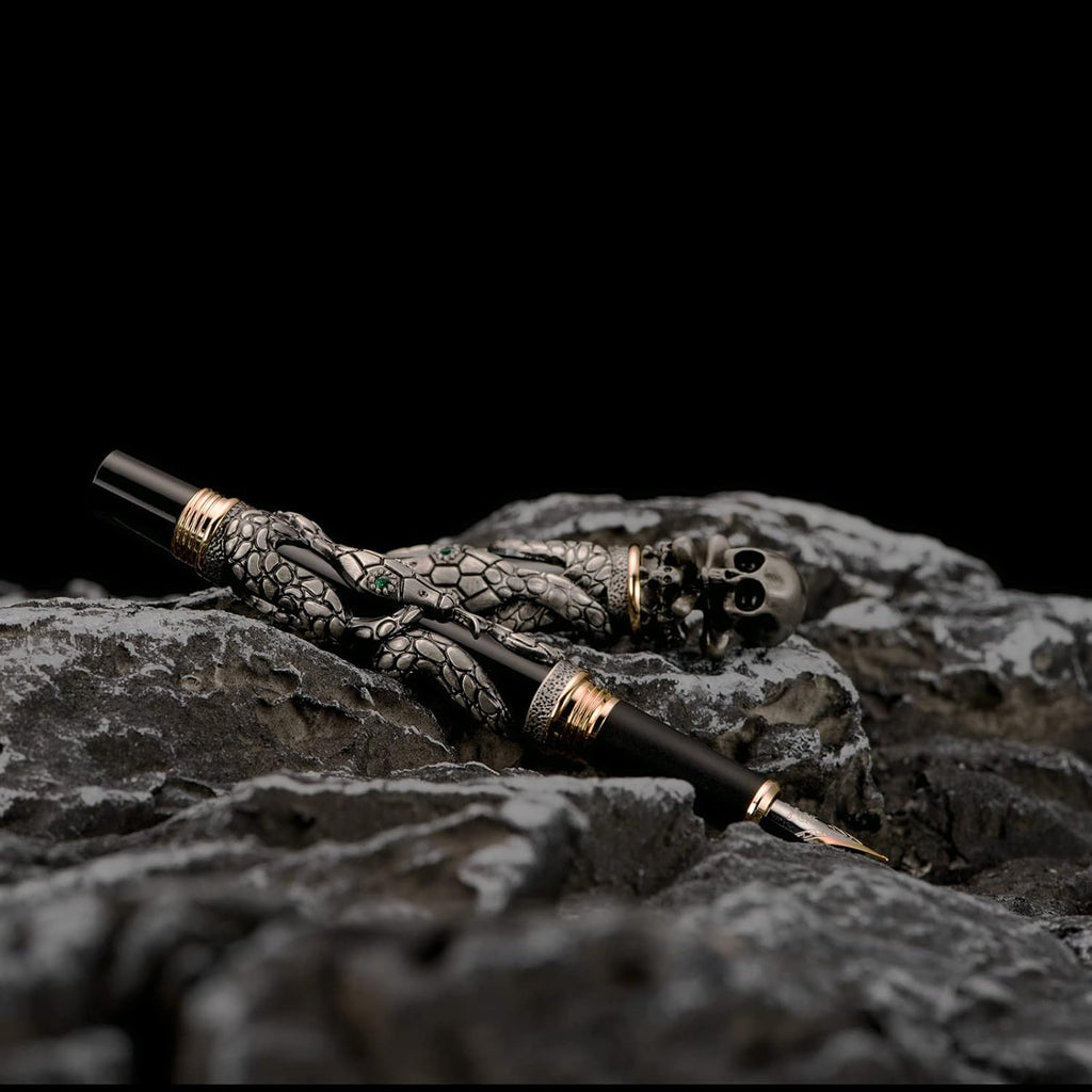 Jinhao Black Snake Fountain Pen Bent Nib Fude Pen with Skull Head Solid Metal