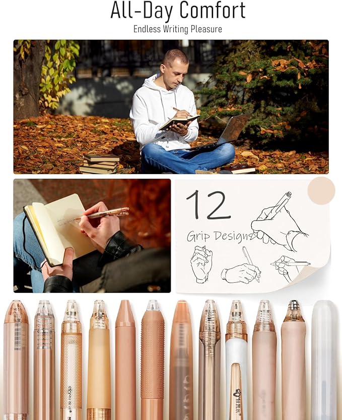 Four Candies 12Pack Pastel Gel Ink Pen Set, 11 Pack Black Ink Pens with 1Pack Highlighter for Writing, Retractable 0.5mm Fine Point Note Taking Pens for School Office (Brown)