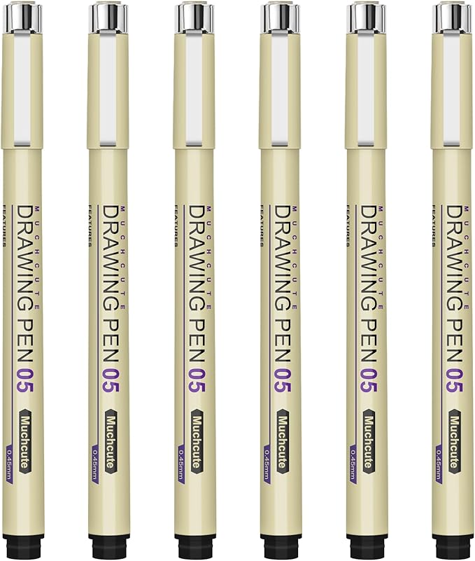 Muchcute 05 Fine Point Writing Pens: 6 Black 0.45mm Thin Micron Pen 05 No Bleed Bible Journaling Study Supplies Annotation Smooth Waterproof Micro Line Needle Tip Fineliner Gel Felt Ink Markers Stuff