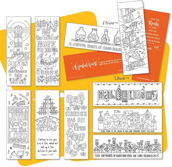 Christian Colouring Bookmarks, Psalms, Pack of 10 Different Designs, with Coloured Bible Verse on Reverse. Makes a Great Christian Gift for Adults or Children, by Just Cards Direct. (Orange/IOJBM)