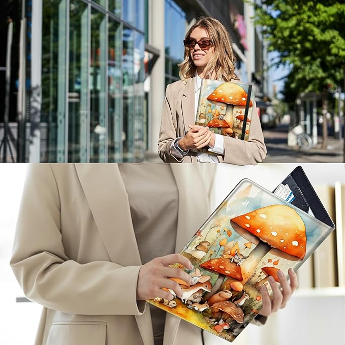 PU Leather Padfolio Clipboard Notepad with Pen Loop and Elastic Strap Interview/Resume Document Organizer for Business School Office,Watercolor Mushroom