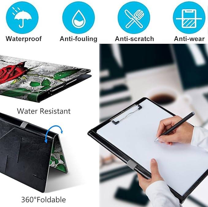 PU Leather Padfolio Clipboard Notepad with Pen Loop and Elastic Strap Interview/Resume Document Organizer for Business School Office,Elegant Red Rose