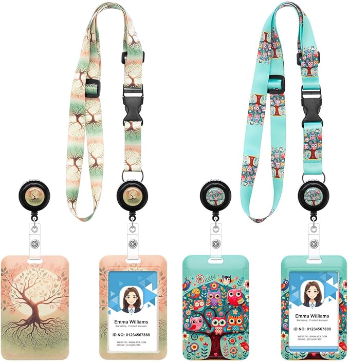 2 Pack Tree of Life & Owl Lanyards Badge Holder, Adjustable Lanyards with Retractable Badge Reels, Unique ID Badge Holders for Teachers, Nurses, Students, Office Staff & Cruise Essentials