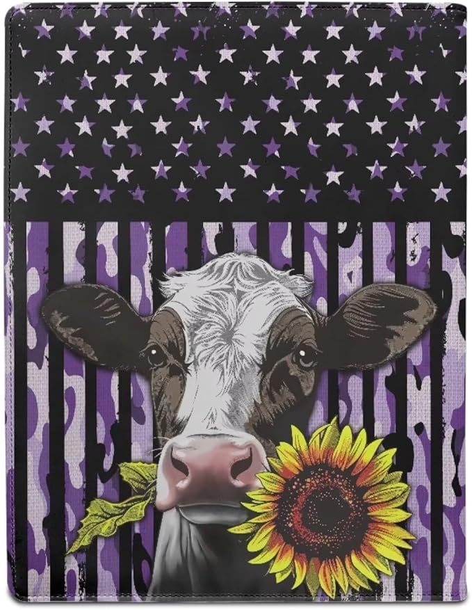 Office Folder American Flag Cow Sunflower Print PU Leather Padfolio with A4 Size Clipboard Clip for Business Resume Interview Document Sleeve Binder Folder
