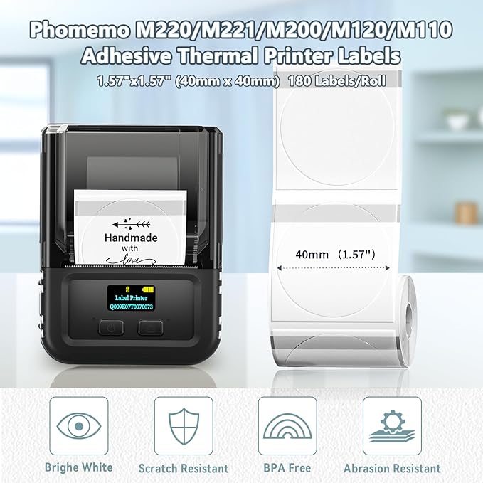 Phomemo Transparent Thermal Label, Round Label for Phomemo M110/M220/M120/M200/M221/M150/M250 Label Printer, Self-Adhesive Thermal Printer Paper, 1.57"x1.57"(40x40mm) 180 Labels/Roll, Clear