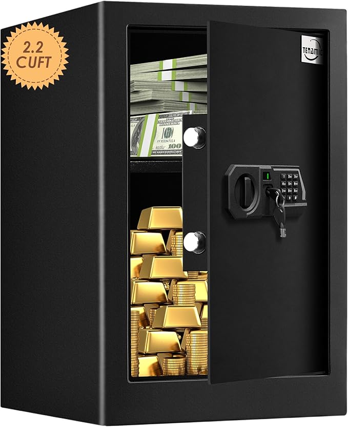 Tenamic Fireproof Safe Box 2.2 Cuft Electronic Digital Security Box, Keypad Large Lock Box Cabinet Safes with Internal Light, Solid Alloy Steel Office Hotel Home Safe with 2 Passwords, Black
