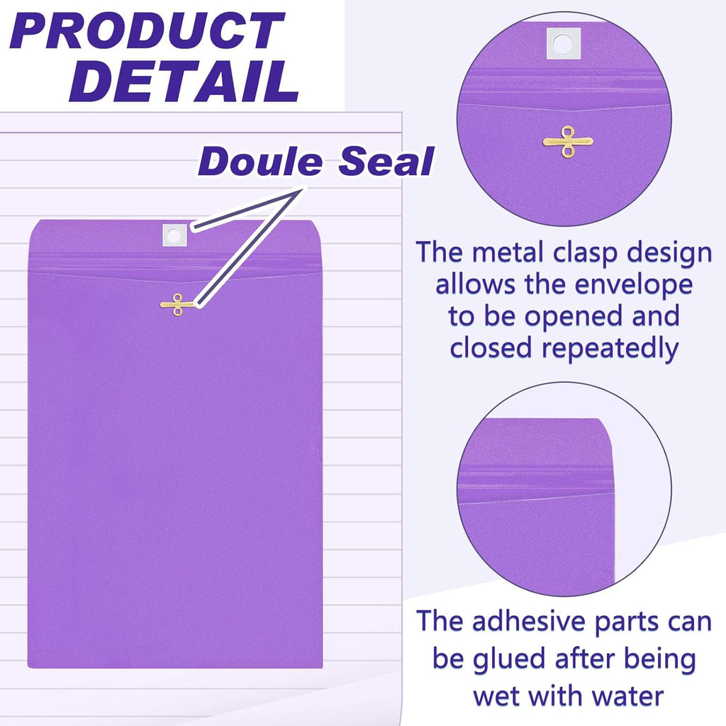 Geyee 100 Pcs Clasp Manilla Envelopes 9 x 12 Inch Gummed Colored Envelopes for Storing or Mailing for Home Office Business Supplies(Purple)