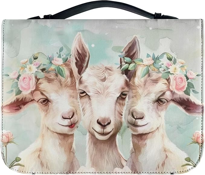 Lotusorchid Flowers Goat Printed Bible Cover for Women, Large Bible Cover for Women PU Leather Bible Case Bible Carrying Case Bible Covers Church Bag Bible Protective with Handle and Zippered Pocket